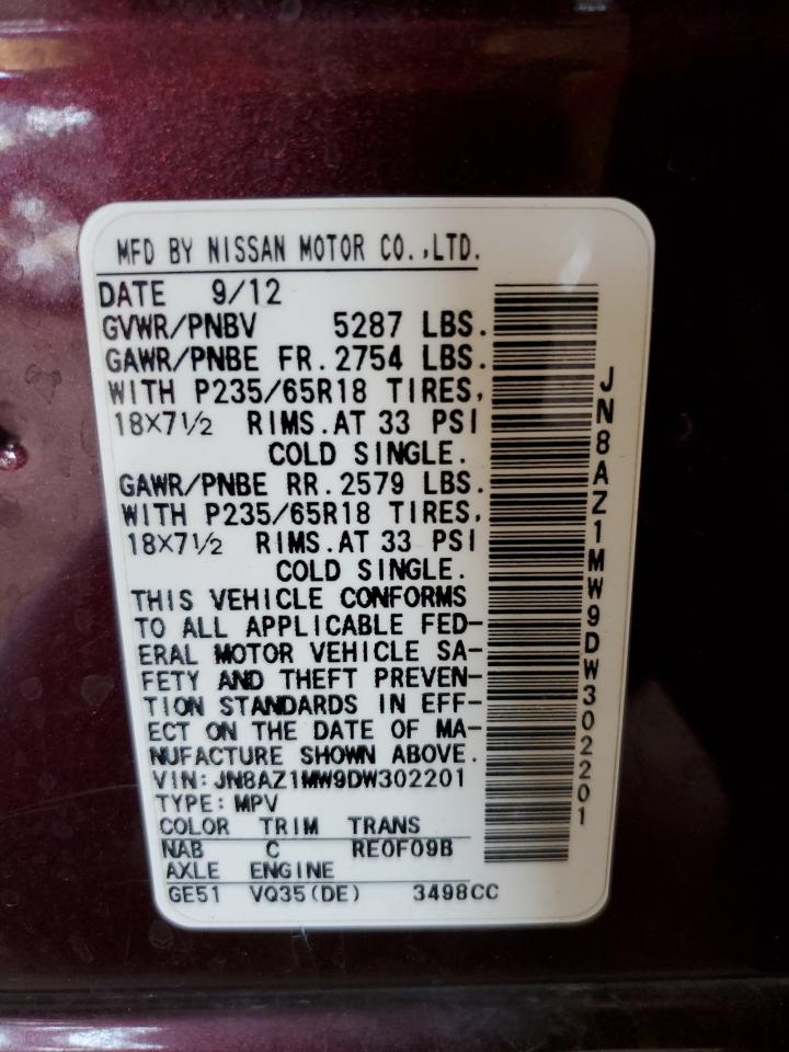 2013 Nissan Murano S VIN: JN8AZ1MW9DW302201 Lot: 61463644