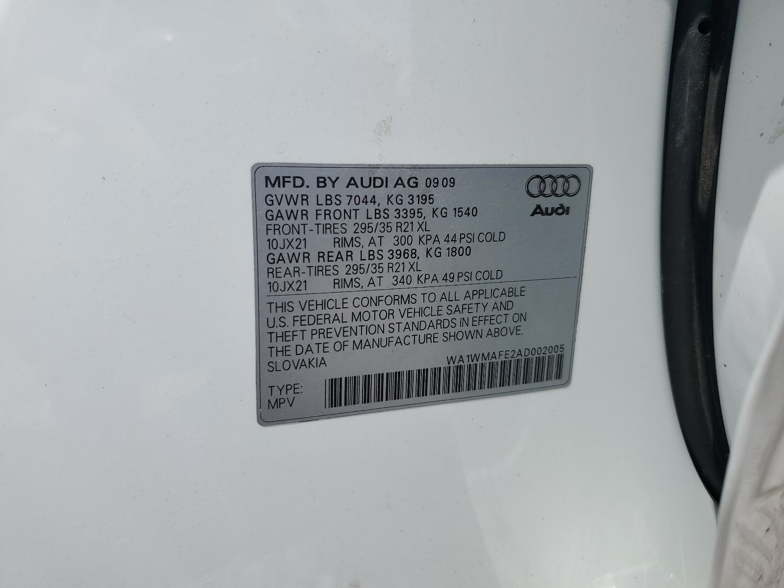 WA1WMAPE2AD002005 2010 Audi Q7