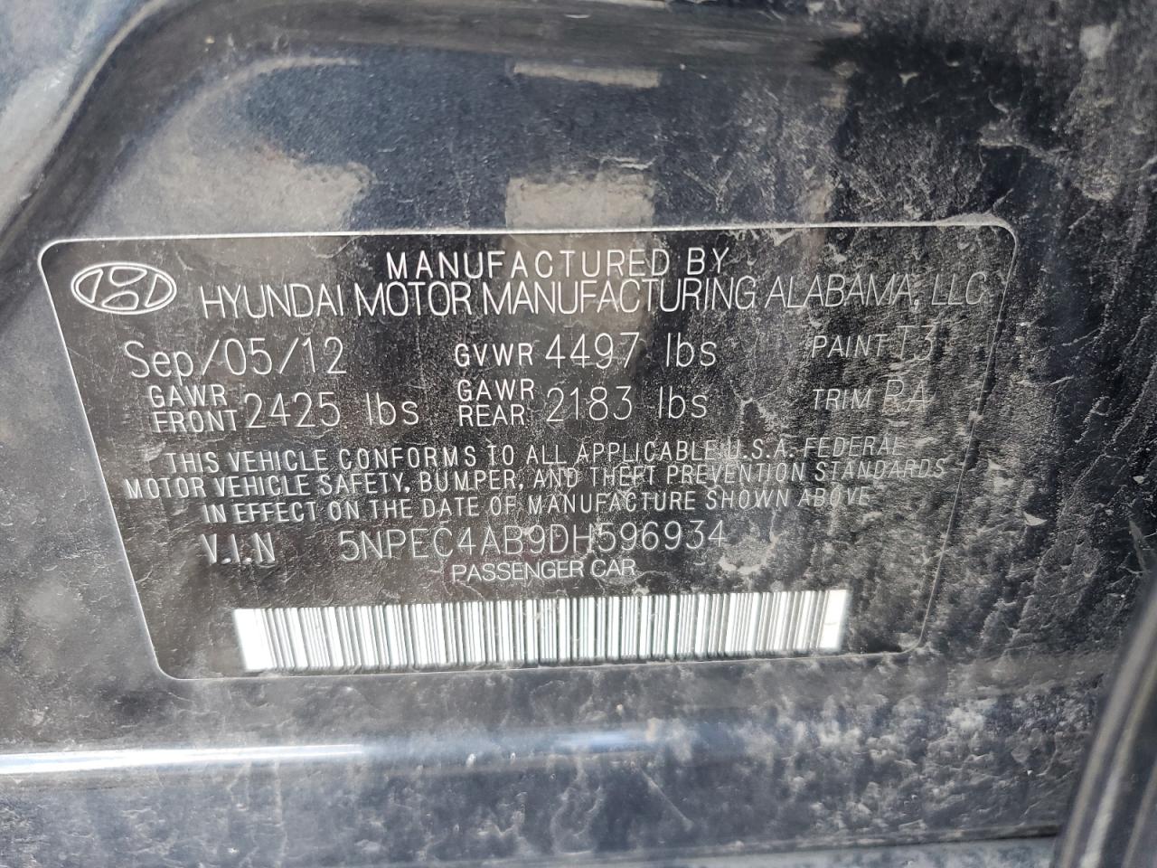 2013 Hyundai Sonata Se VIN: 5NPEC4AB9DH596934 Lot: 63059074