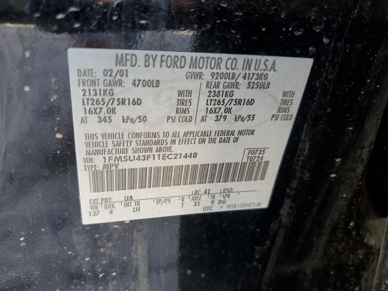 2001 Ford Excursion Limited VIN: 1FMSU43F11EC21448 Lot: 64421514