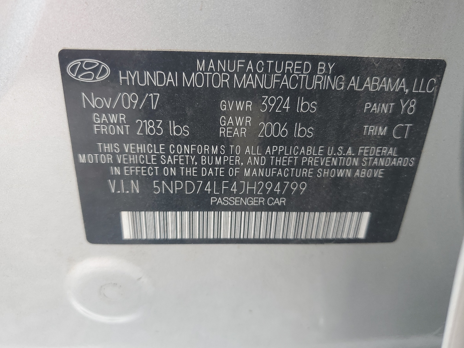 2018 Hyundai Elantra Se vin: 5NPD74LF4JH294799