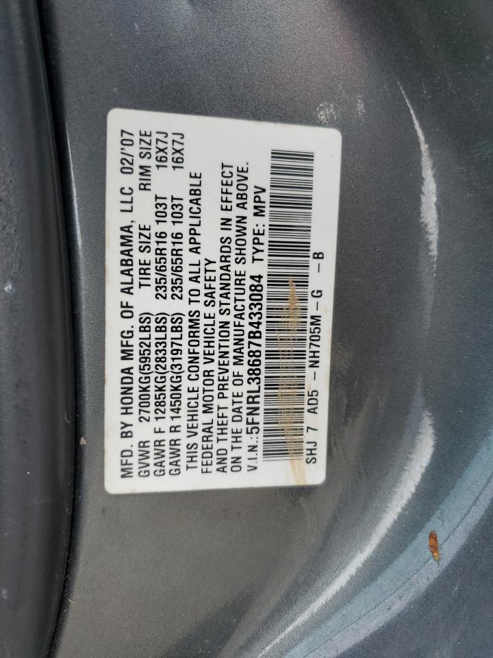 2007 Honda Odyssey Exl VIN: 5FNRL38687B433084 Lot: 64261084