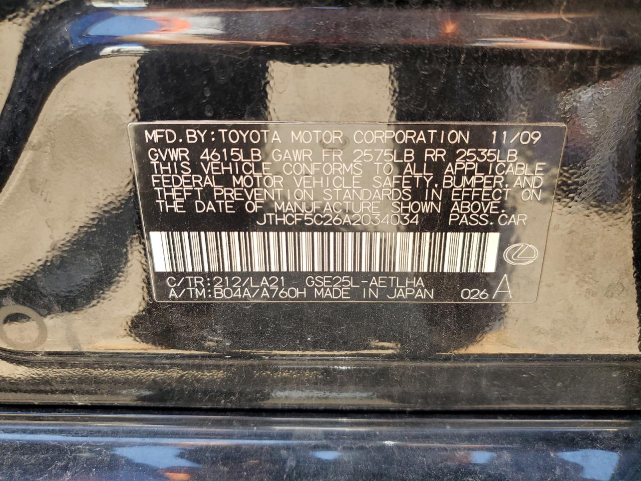 2010 Lexus Is 250 VIN: JTHCF5C26A2034034 Lot: 63484274