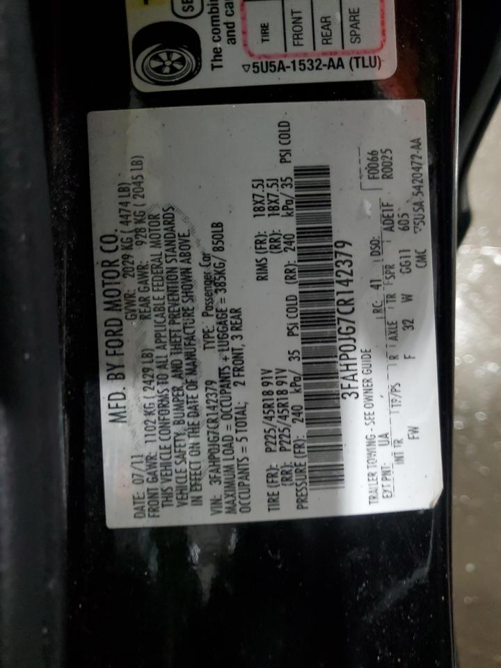 2012 Ford Fusion Sel VIN: 3FAHP0JG7CR142379 Lot: 64376894