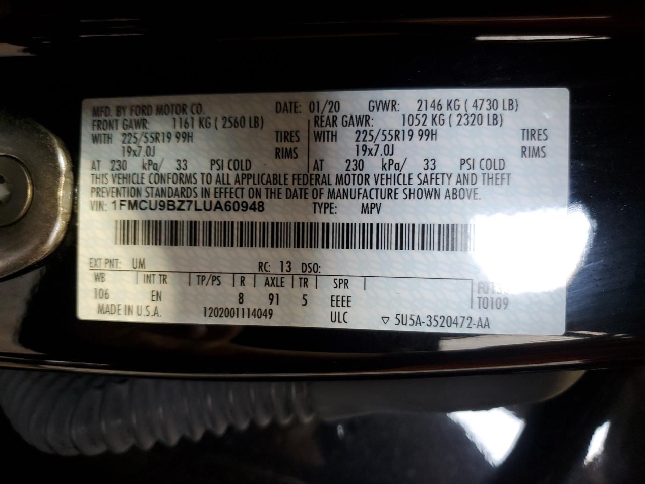 2020 Ford Escape Se Sport VIN: 1FMCU9BZ7LUA60948 Lot: 65288574