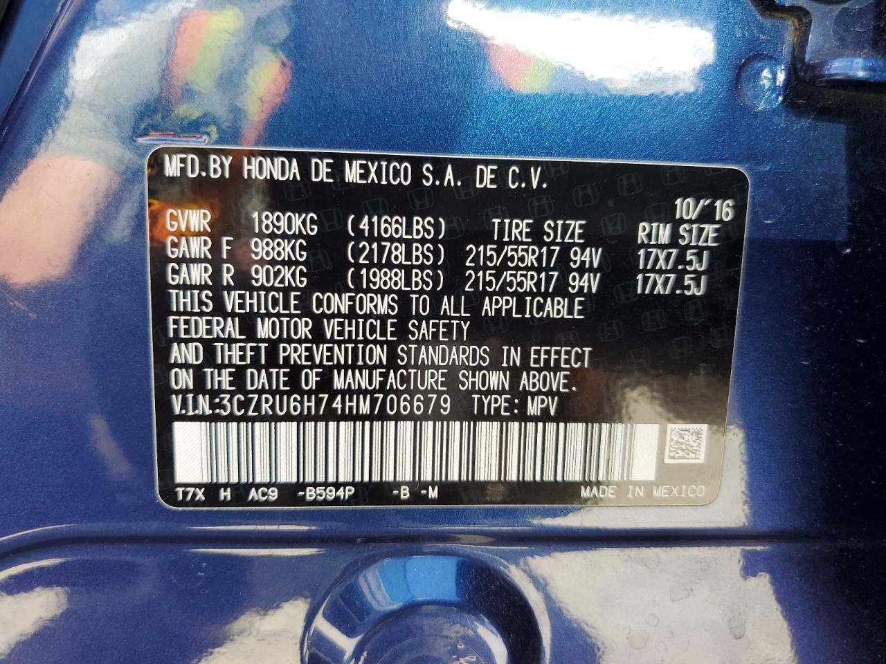 2017 Honda Hr-V Exl VIN: 3CZRU6H74HM706679 Lot: 63211944