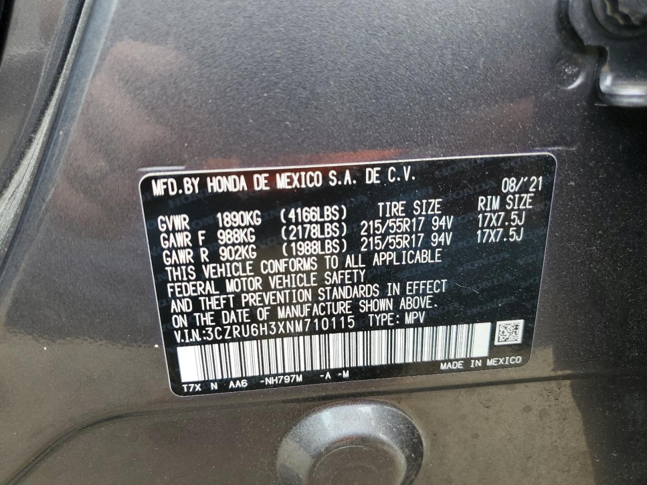 2022 Honda Hr-V Lx VIN: 3CZRU6H3XNM710115 Lot: 63675284