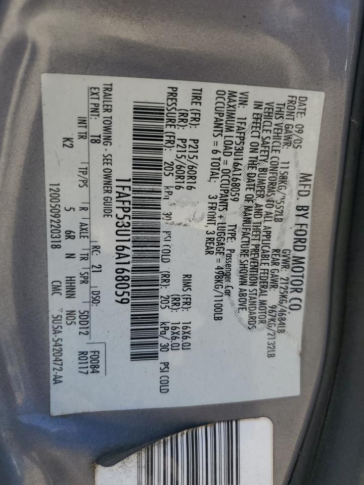 2006 Ford Taurus Se VIN: 1FAFP53U16A168059 Lot: 61737294