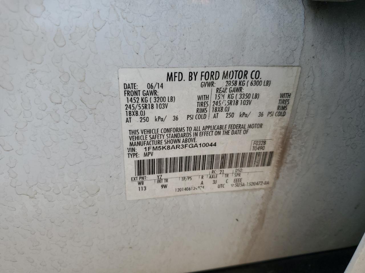 2015 Ford Explorer Police Interceptor VIN: 1FM5K8AR3FGA10044 Lot: 64143584