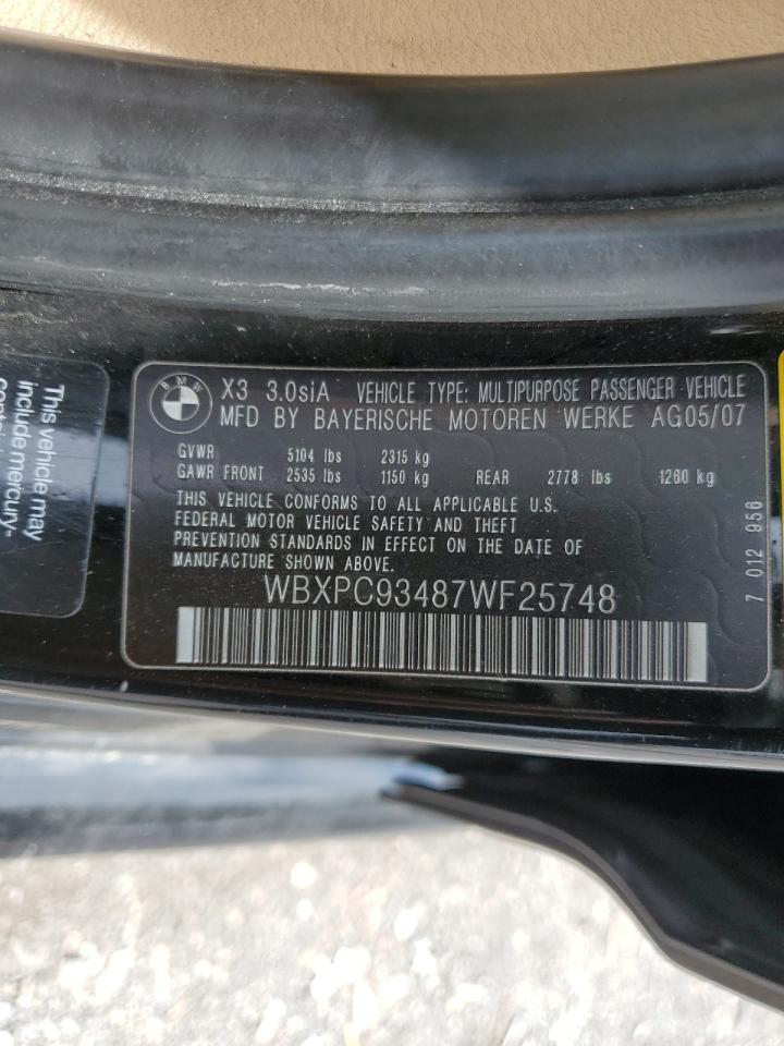2007 BMW X3 3.0Si VIN: WBXPC93487WF25748 Lot: 61831524