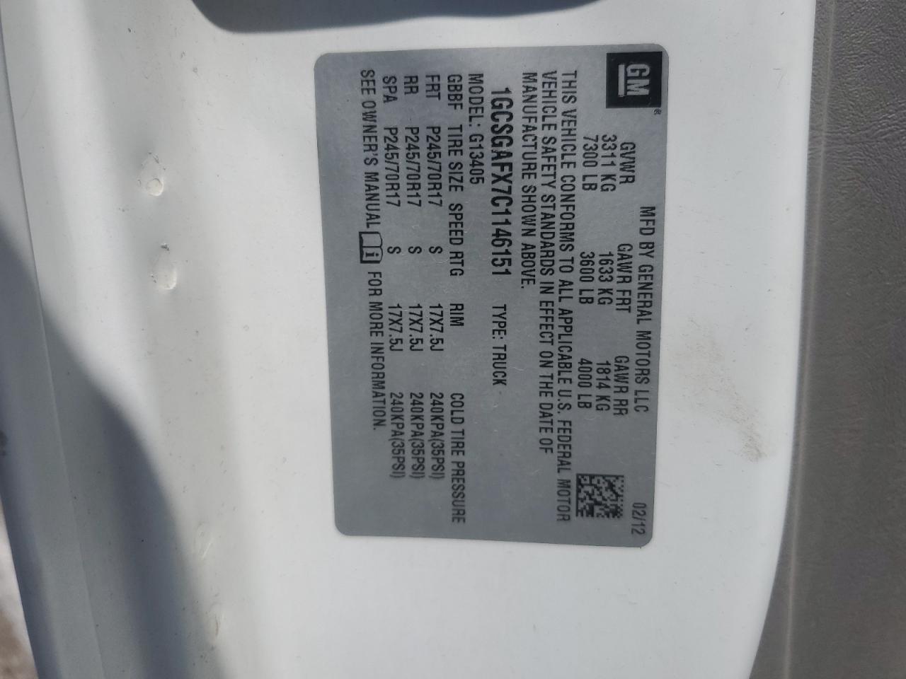 2012 Chevrolet Express G1500 VIN: 1GCSGAFX7C1146151 Lot: 65252244