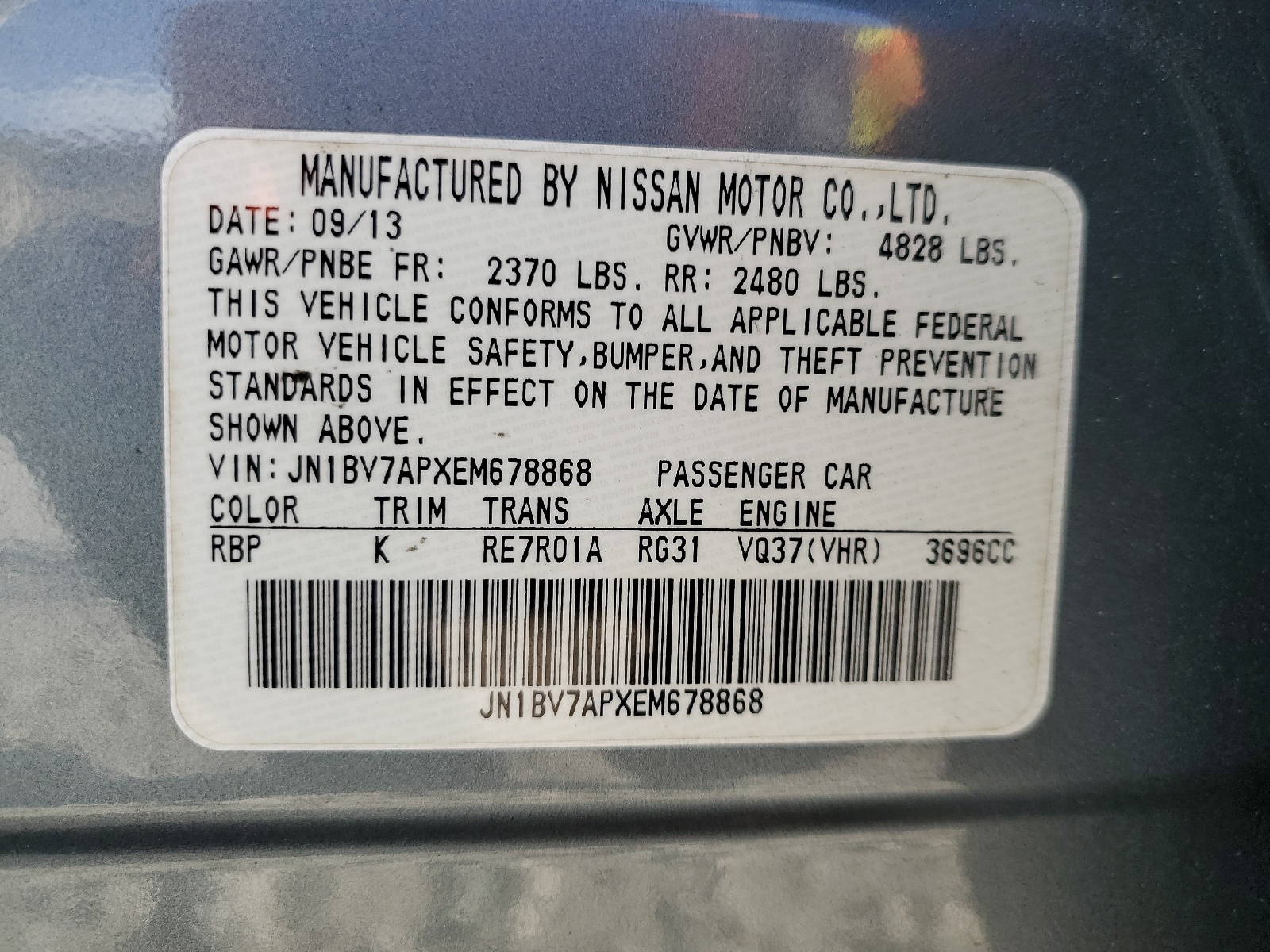 JN1BV7APXEM678868 2014 Infiniti Q50 Base