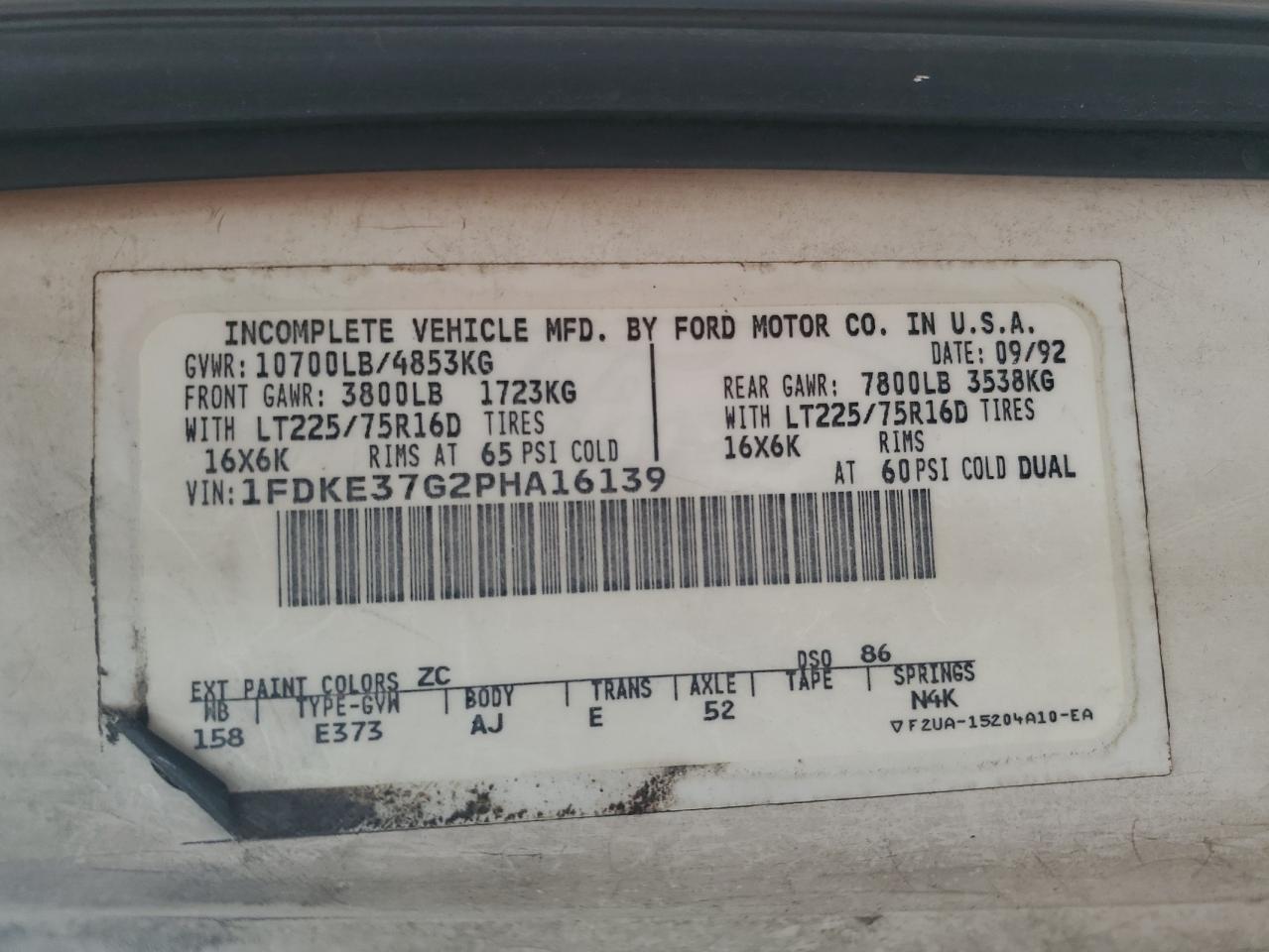 1993 Ford Econoline E350 Cutaway Van VIN: 1FDKE37G2PHA16139 Lot: 61762724