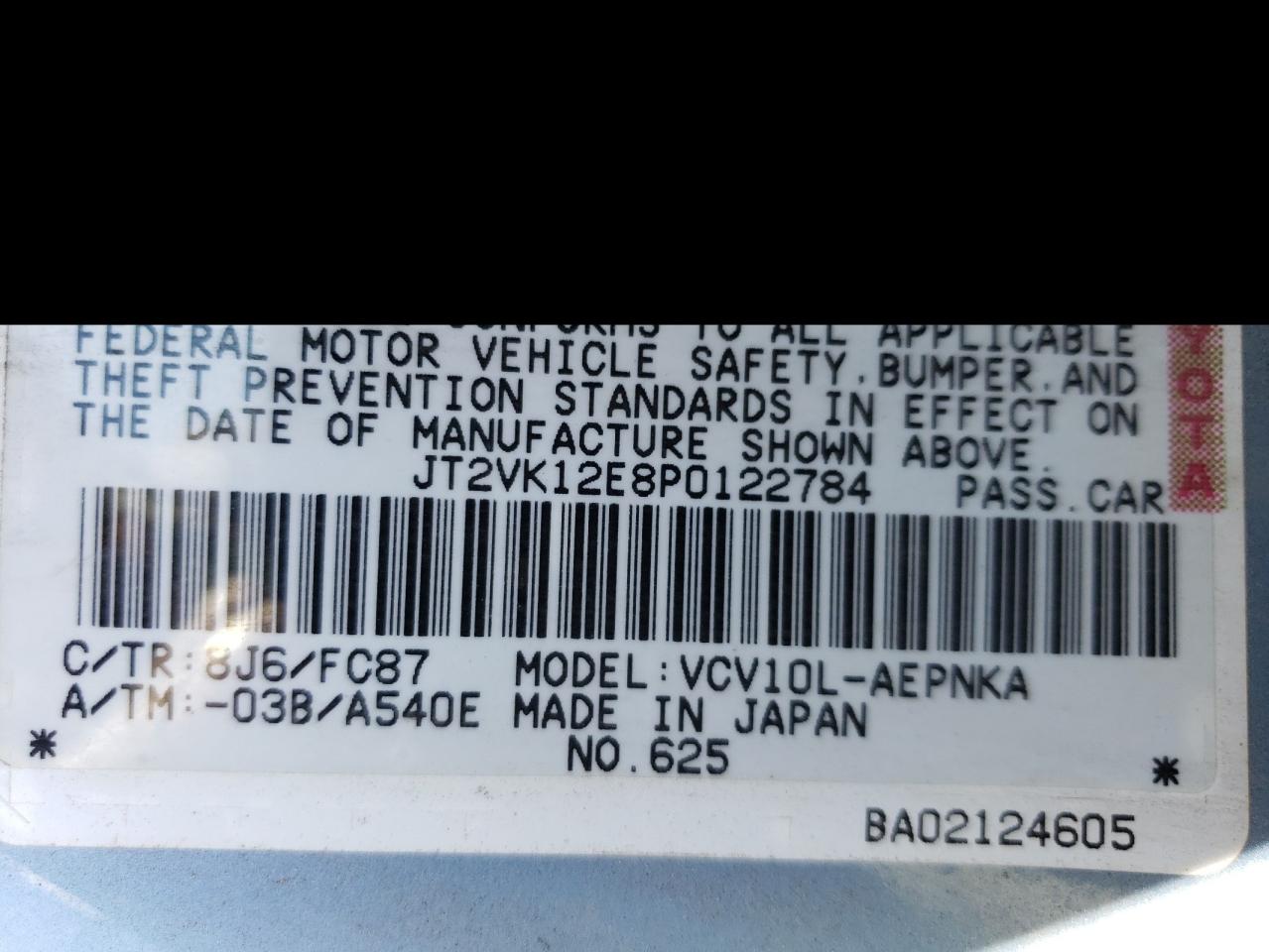 1993 Toyota Camry Le VIN: JT2VK12E8P0122784 Lot: 65001854