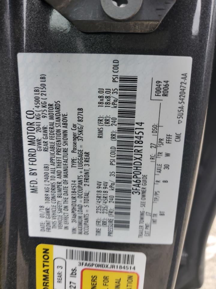 2018 Ford Fusion Se VIN: 3FA6P0HDXJR184514 Lot: 62286204