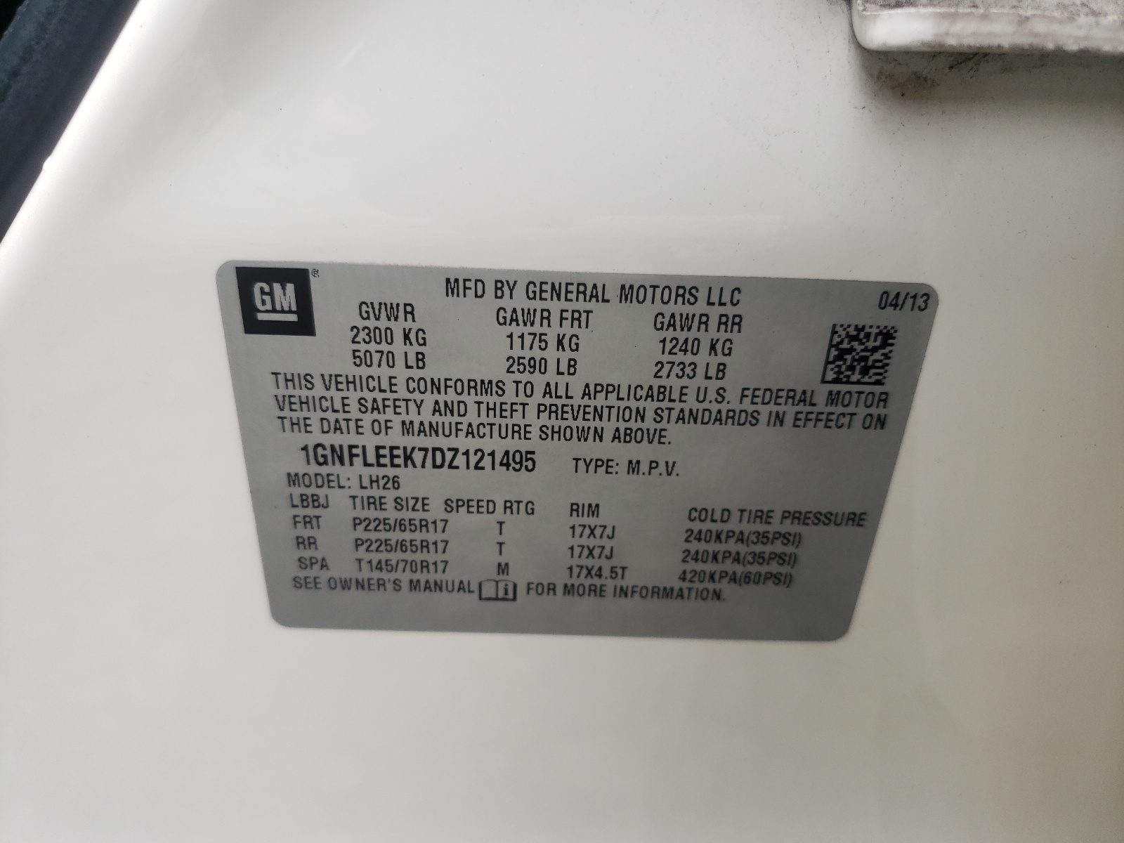 1GNFLEEK7DZ121495 2013 Chevrolet Equinox Lt