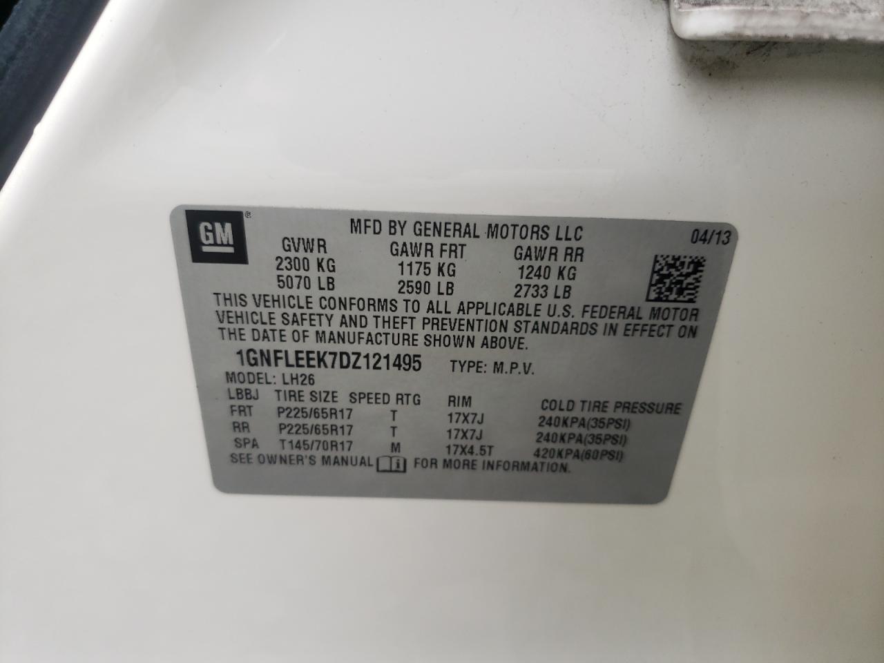 2013 Chevrolet Equinox Lt VIN: 1GNFLEEK7DZ121495 Lot: 63835574