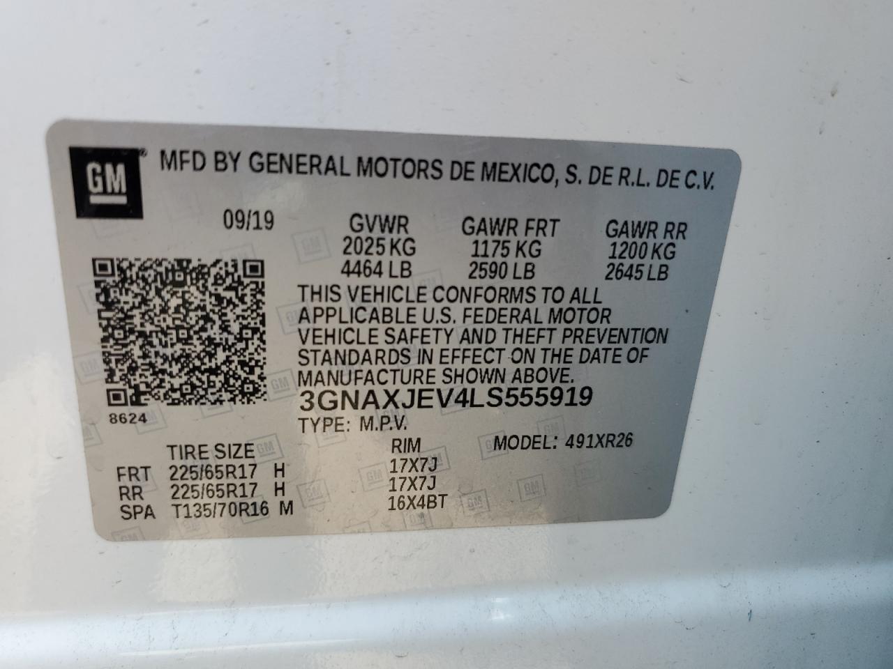 2020 Chevrolet Equinox Lt VIN: 3GNAXJEV4LS555919 Lot: 64703294