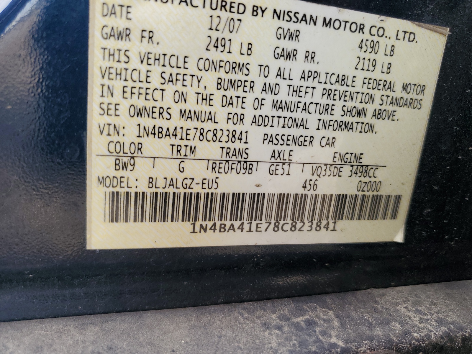 1N4BA41E78C823841 2008 Nissan Maxima Se