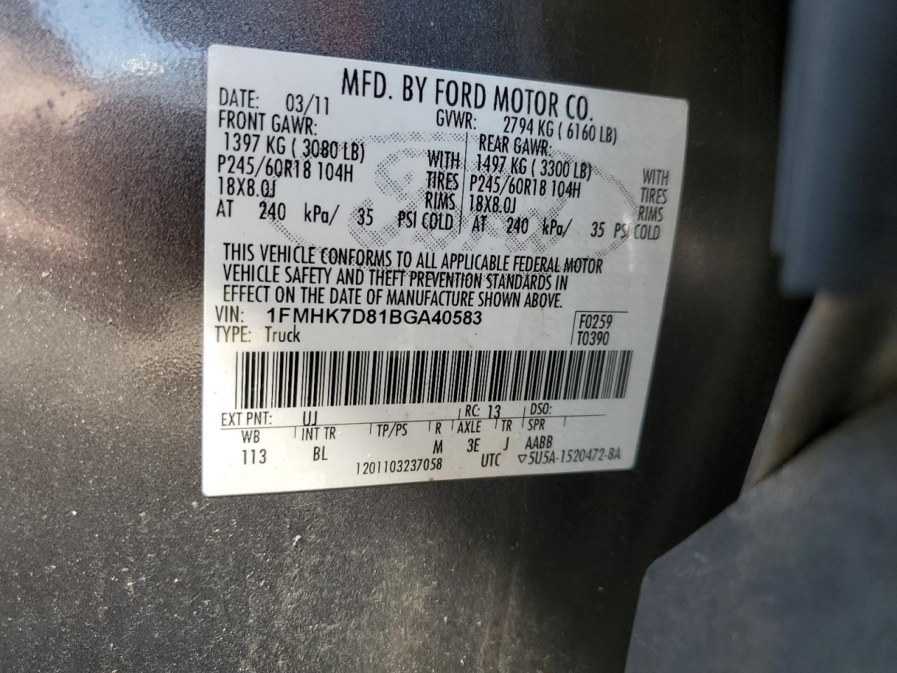 2011 Ford Explorer Xlt VIN: 1FMHK7D81BGA40583 Lot: 61610374