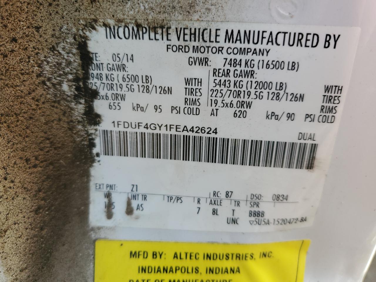 2015 Ford F450 Super Duty VIN: 1FDUF4GY1FEA42624 Lot: 60227554
