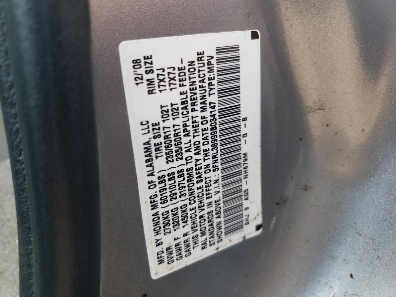 5FNRL38999B034147 2009 Honda Odyssey Touring