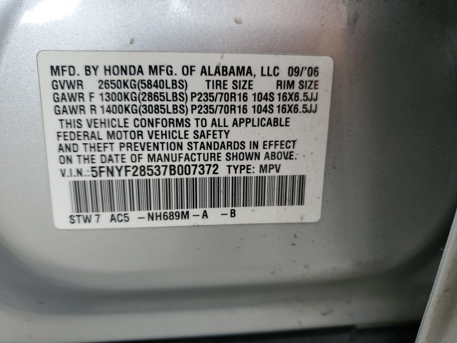 5FNYF28537B007372 2007 Honda Pilot Exl