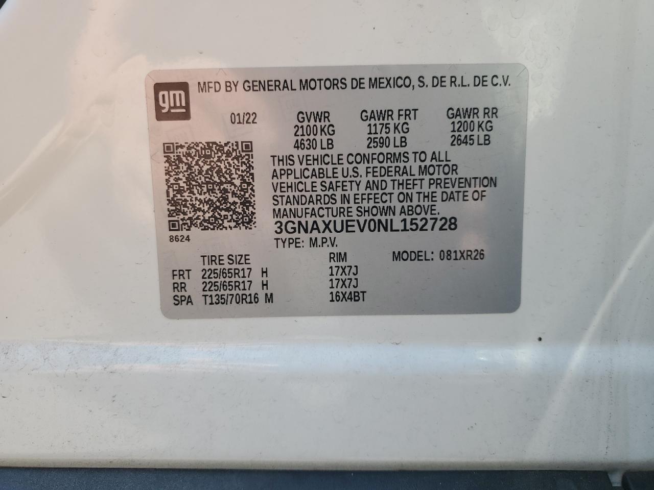 2022 Chevrolet Equinox Lt VIN: 3GNAXUEV0NL152728 Lot: 63466604