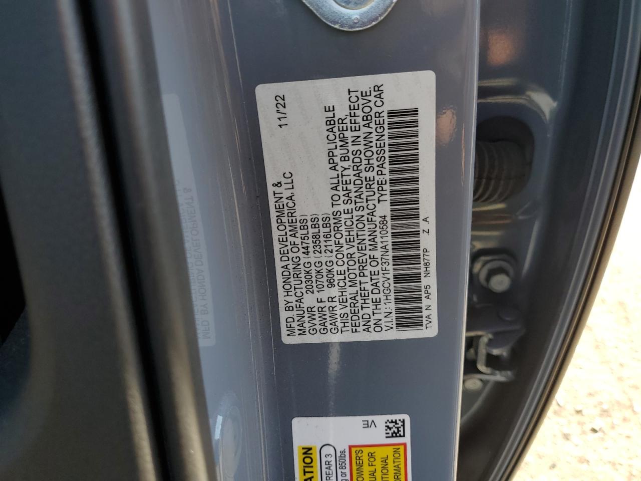 2022 Honda Accord Sport VIN: 1HGCV1F37NA110584 Lot: 64101054