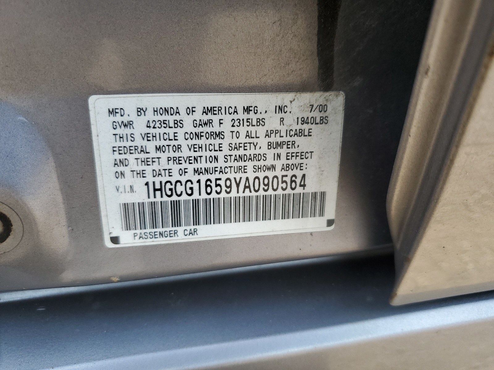 1HGCG1659YA090564 2000 Honda Accord Ex