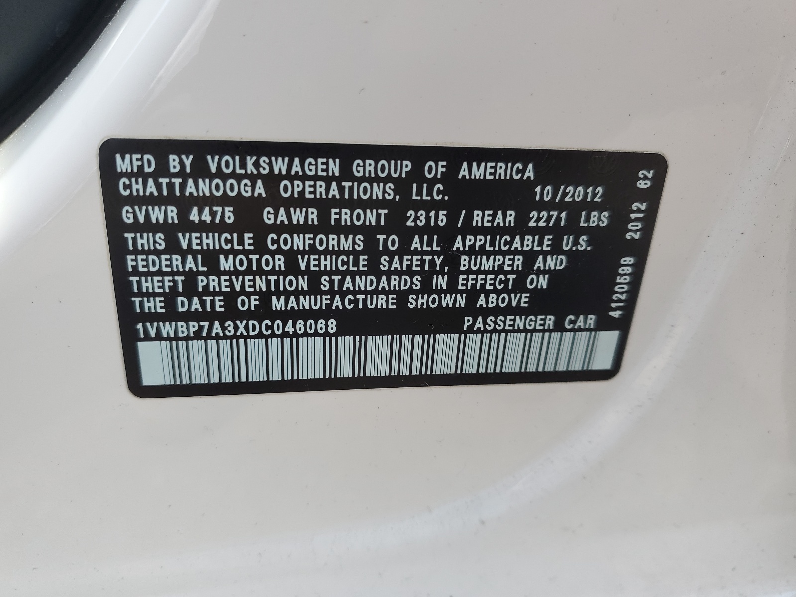 1VWBP7A3XDC046068 2013 Volkswagen Passat Se
