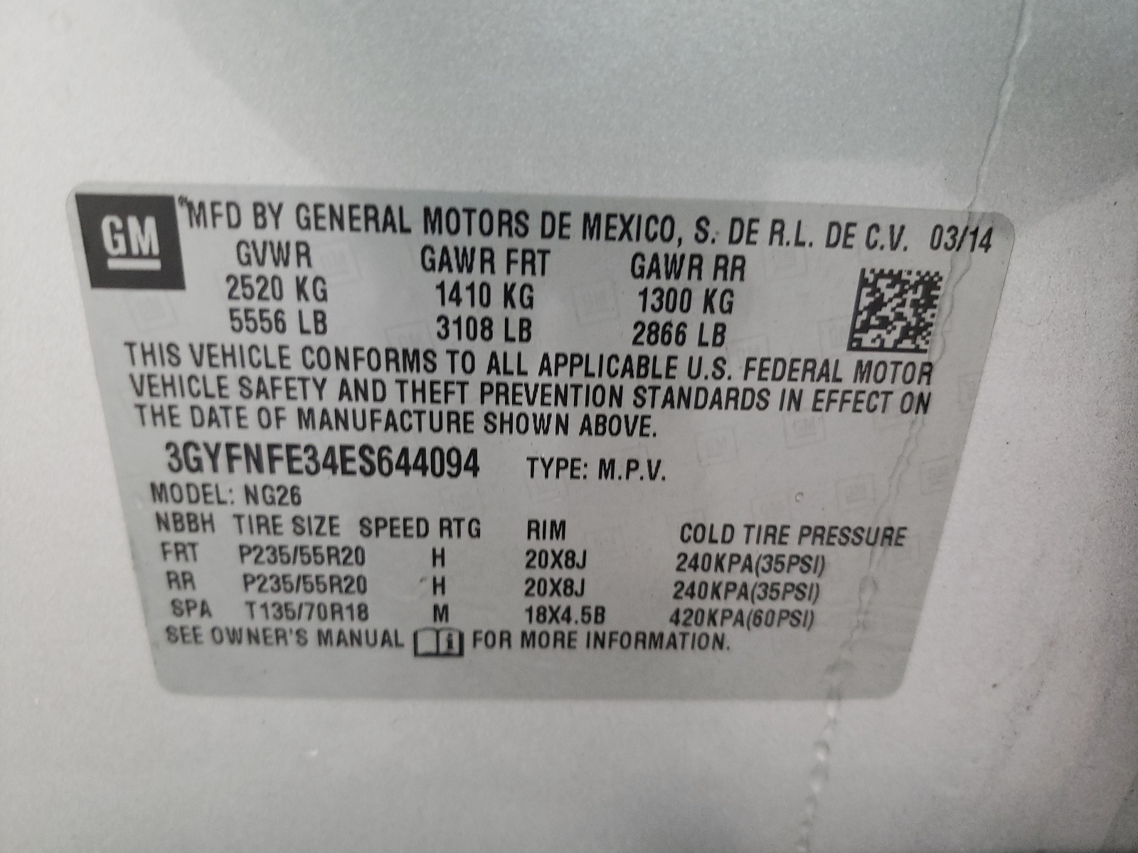 3GYFNFE34ES644094 2014 Cadillac Srx Performance Collection