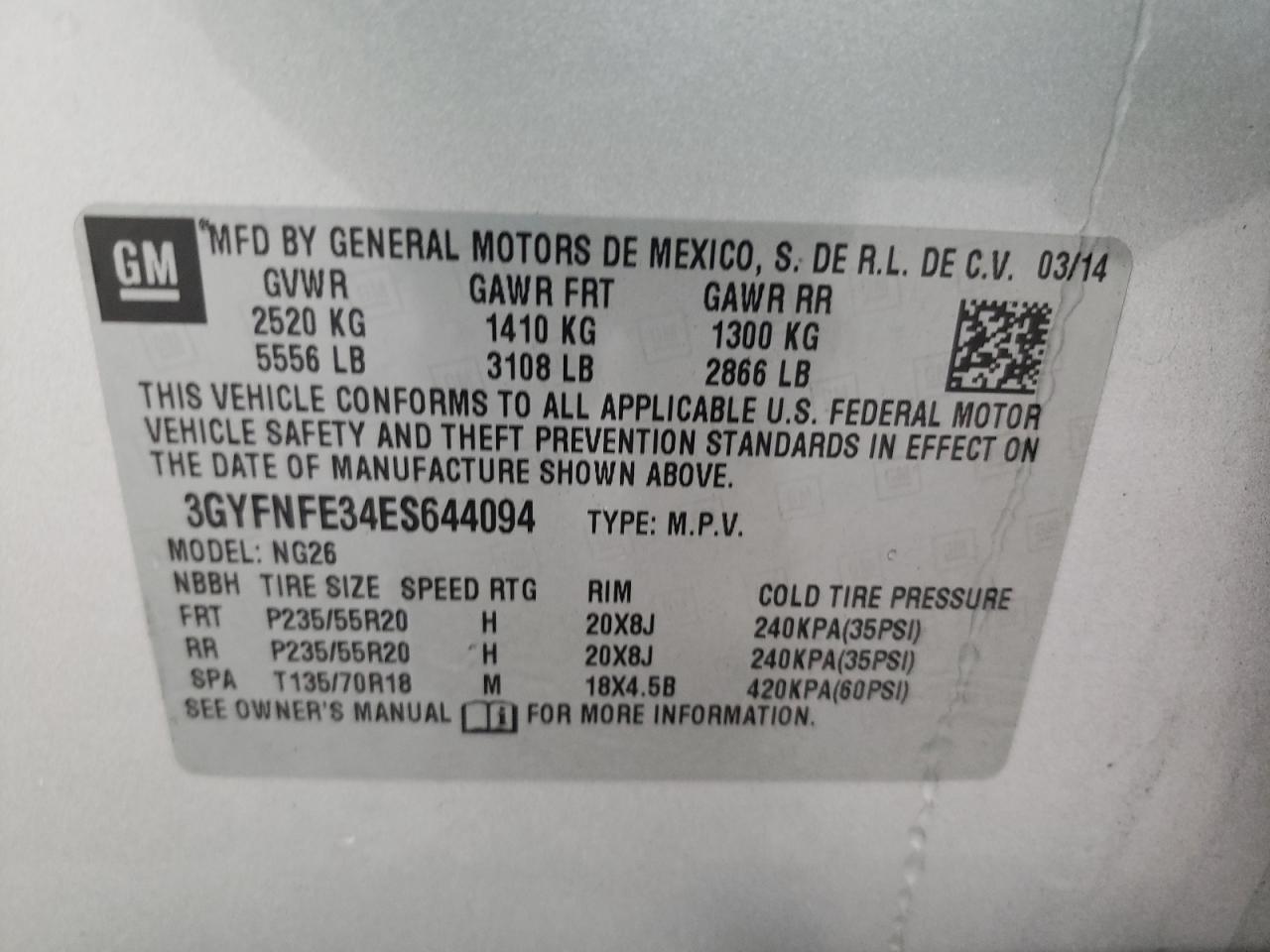 2014 Cadillac Srx Performance Collection VIN: 3GYFNFE34ES644094 Lot: 64480364