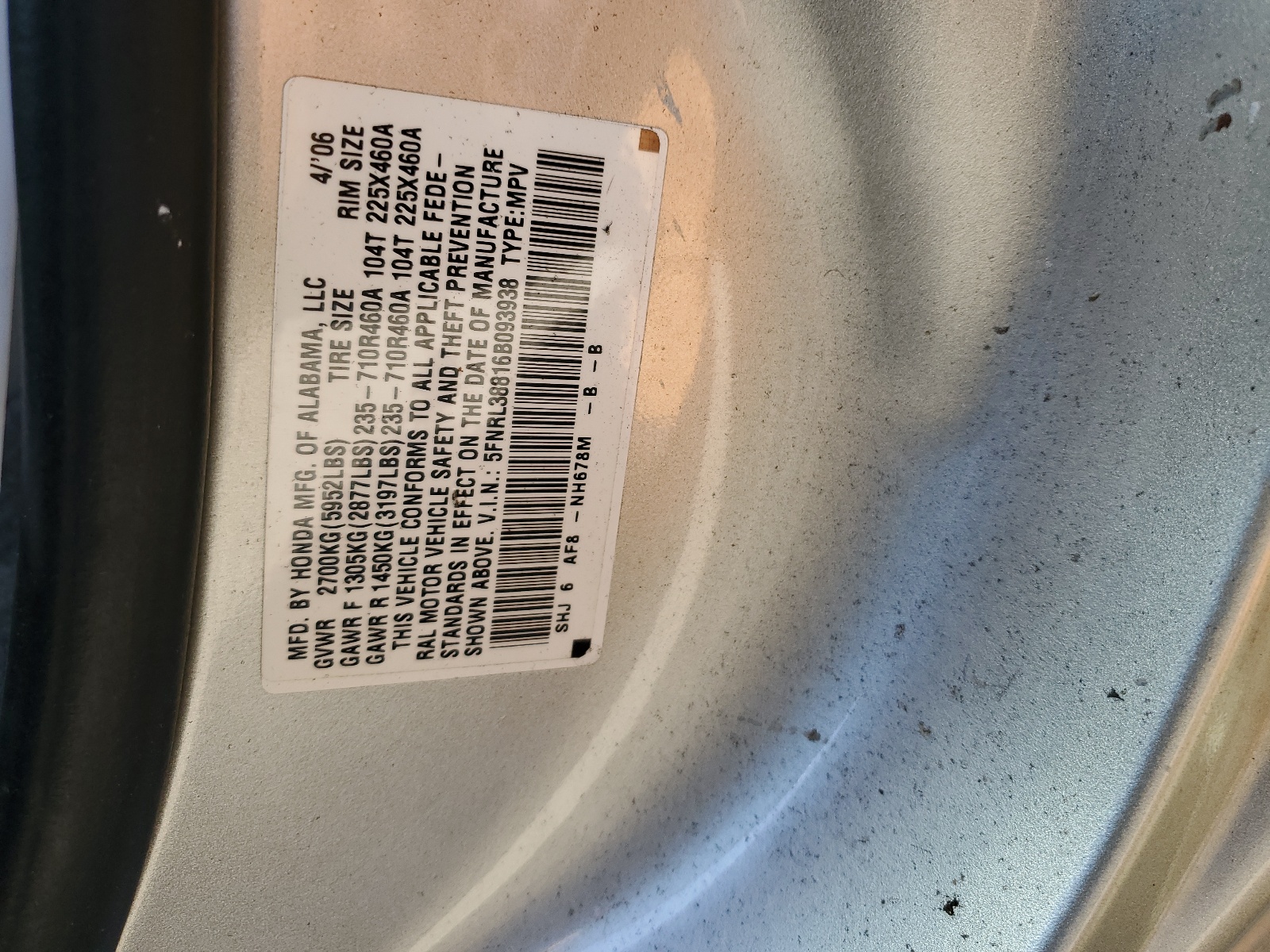 5FNRL38816B093938 2006 Honda Odyssey Touring