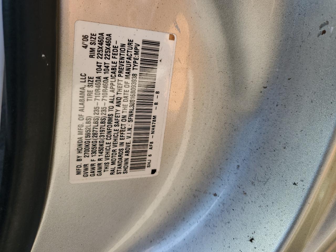 2006 Honda Odyssey Touring VIN: 5FNRL38816B093938 Lot: 60448274