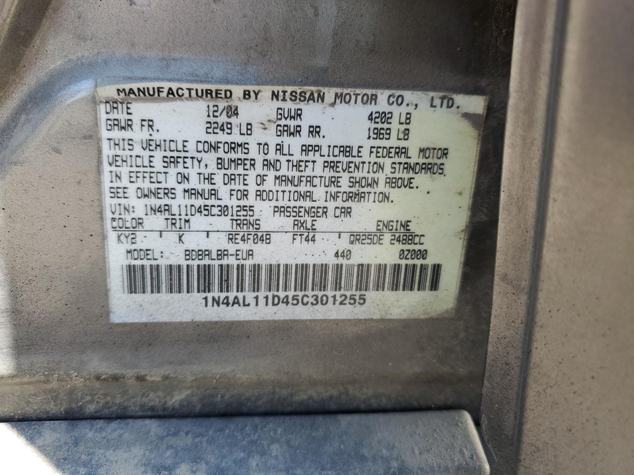 2005 Nissan Altima S VIN: 1N4AL11D45C301255 Lot: 62562924