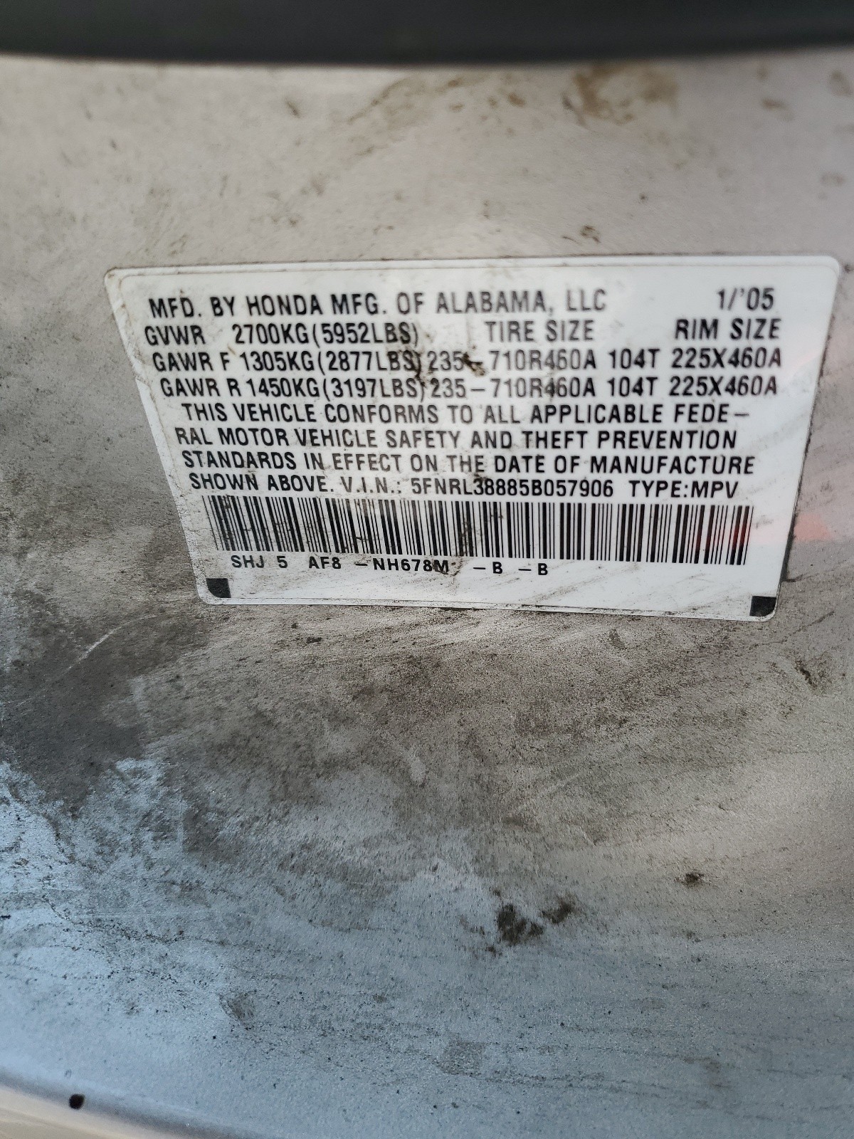 5FNRL38885B057906 2005 Honda Odyssey Touring