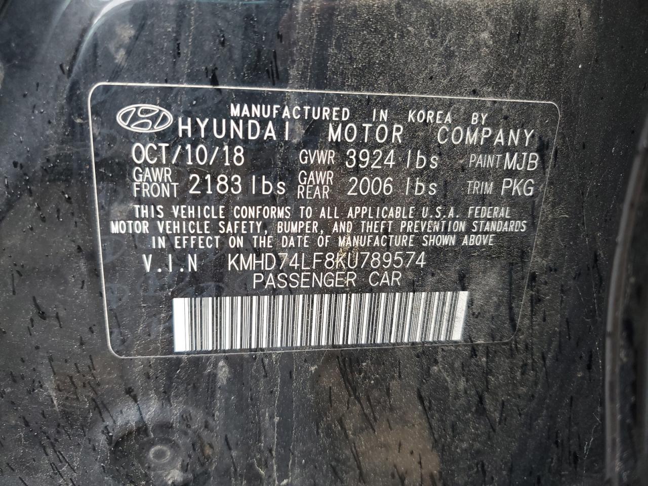 2019 Hyundai Elantra Se VIN: KMHD74LF8KU789574 Lot: 62875354