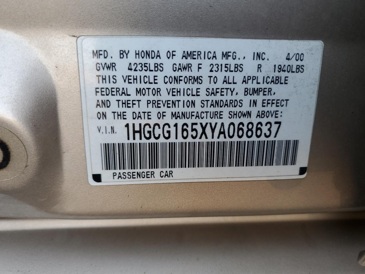 1HGCG165XYA068637 2000 Honda Accord Ex