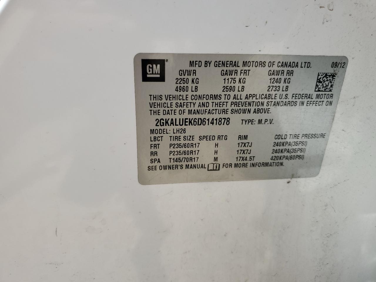 2013 GMC Terrain Slt VIN: 2GKALUEK6D6141878 Lot: 64947454