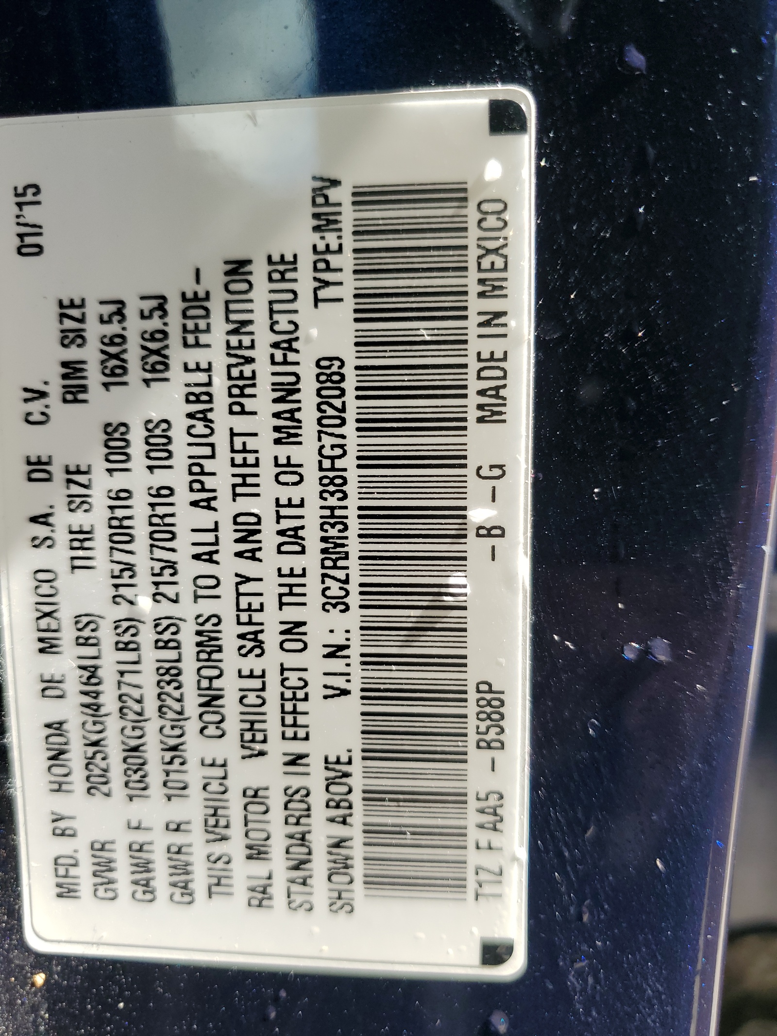 3CZRM3H38FG702089 2015 Honda Cr-V Lx