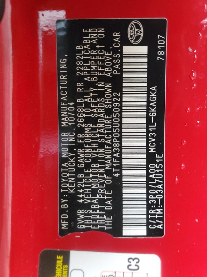 2005 Toyota Camry Solara Se VIN: 4T1FA38P05U050922 Lot: 63756924