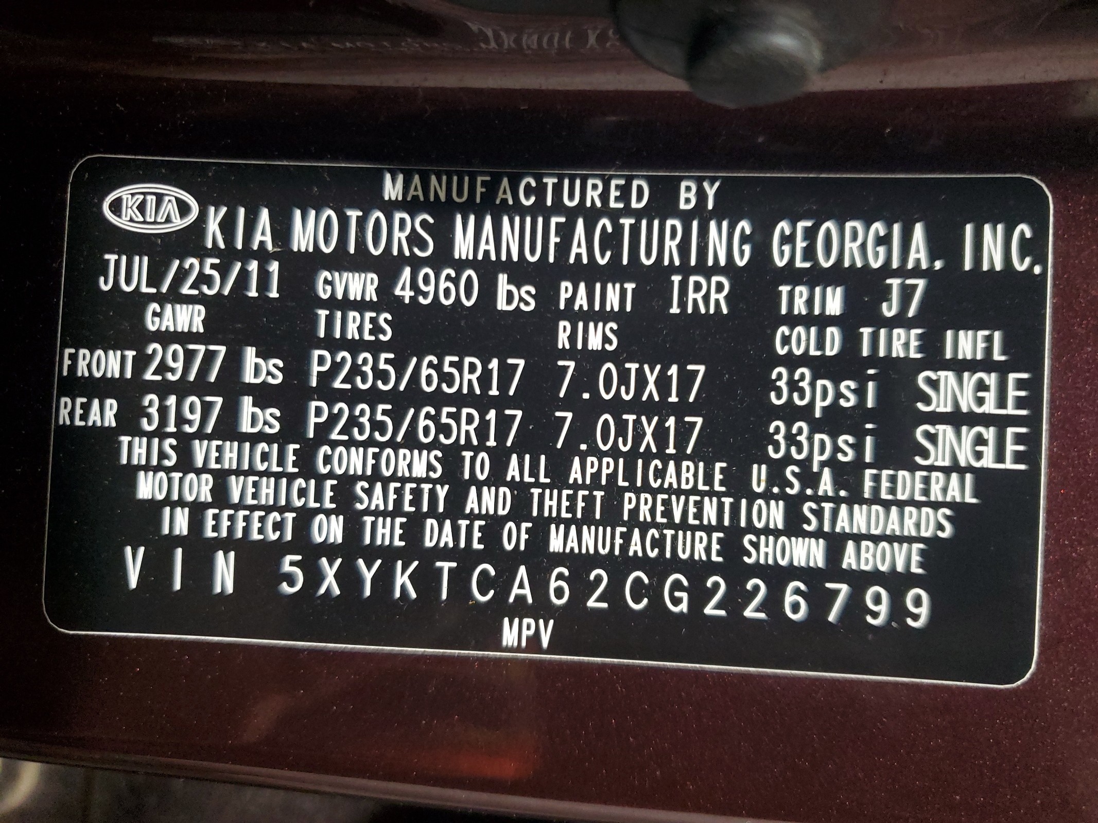 5XYKTCA62CG226799 2012 Kia Sorento Base