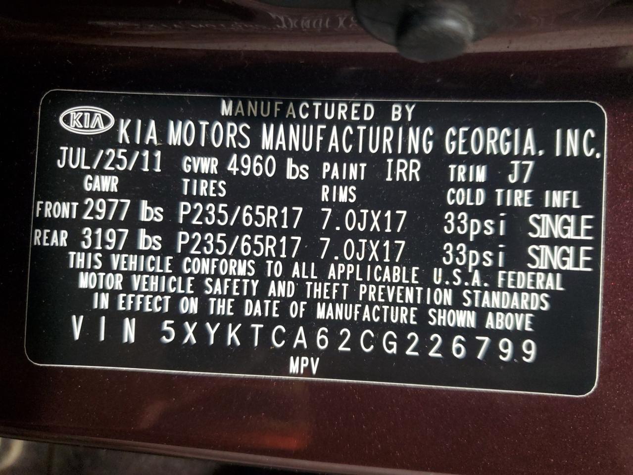 2012 Kia Sorento Base VIN: 5XYKTCA62CG226799 Lot: 61787724