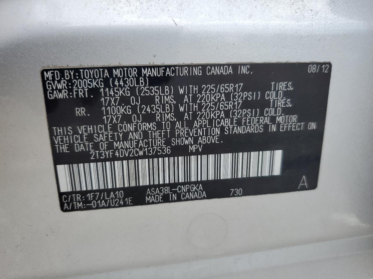 2012 Toyota Rav4 Limited VIN: 2T3YF4DV2CW137536 Lot: 63105594