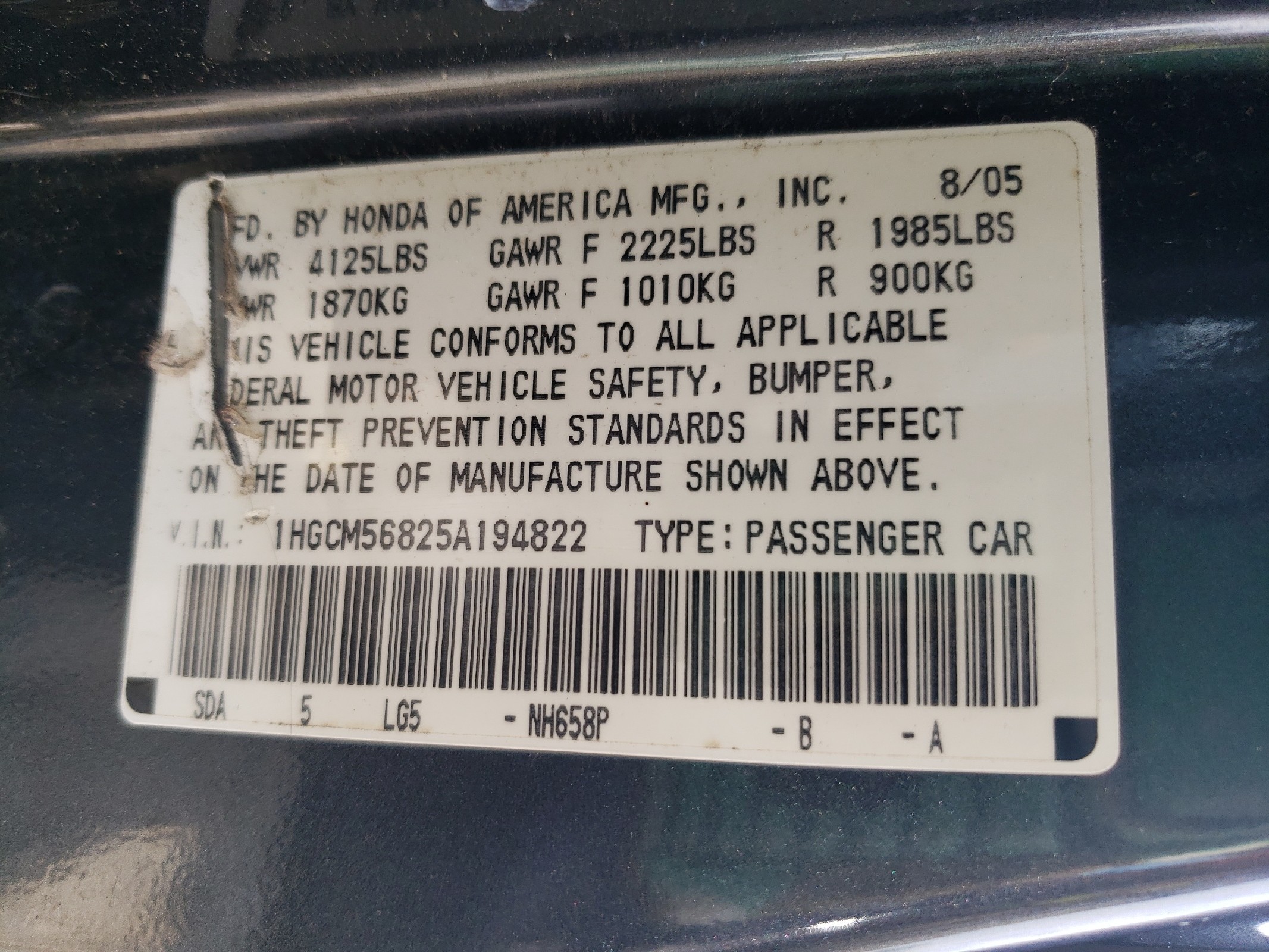 1HGCM56825A194822 2005 Honda Accord Ex