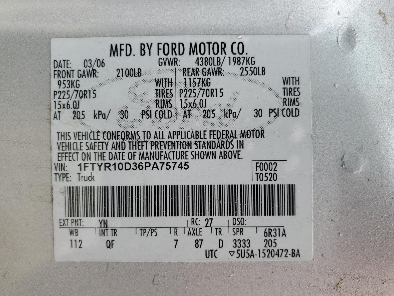 2006 Ford Ranger VIN: 1FTYR10D36PA75745 Lot: 64202964