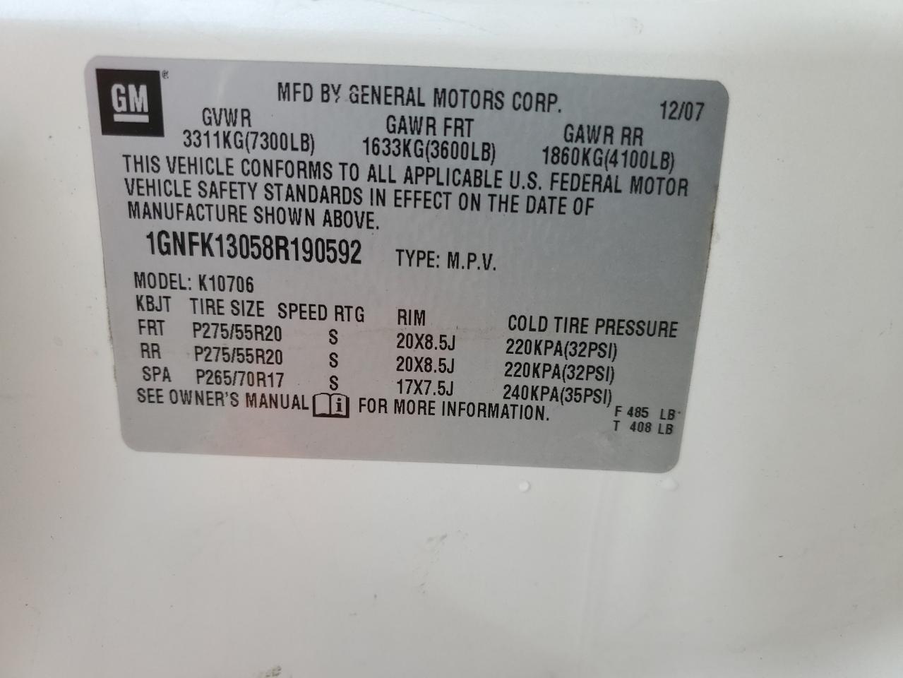 2008 Chevrolet Tahoe K1500 VIN: 1GNFK13058R190592 Lot: 64278604