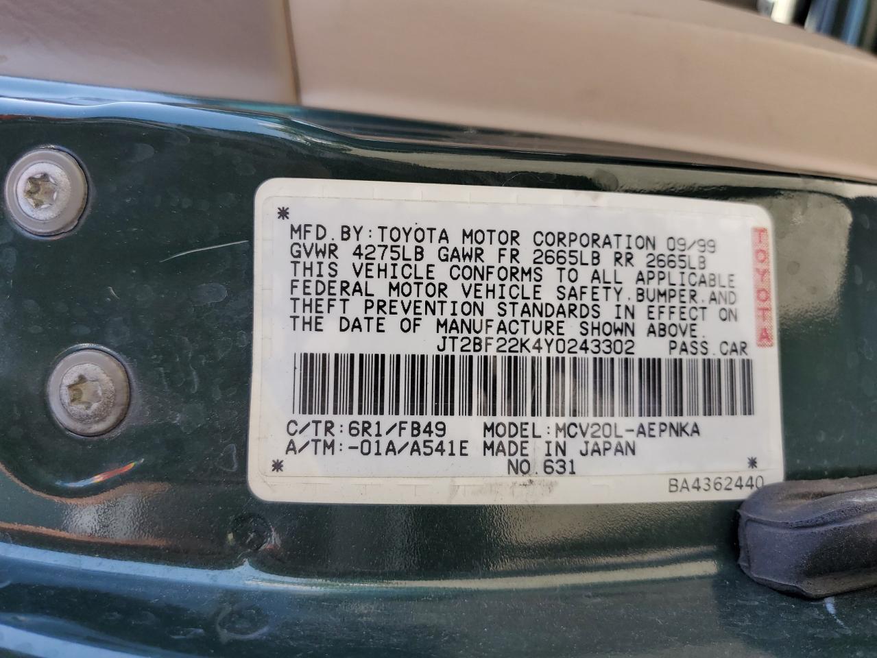 2000 Toyota Camry Ce VIN: JT2BF22K4Y0243302 Lot: 63491634