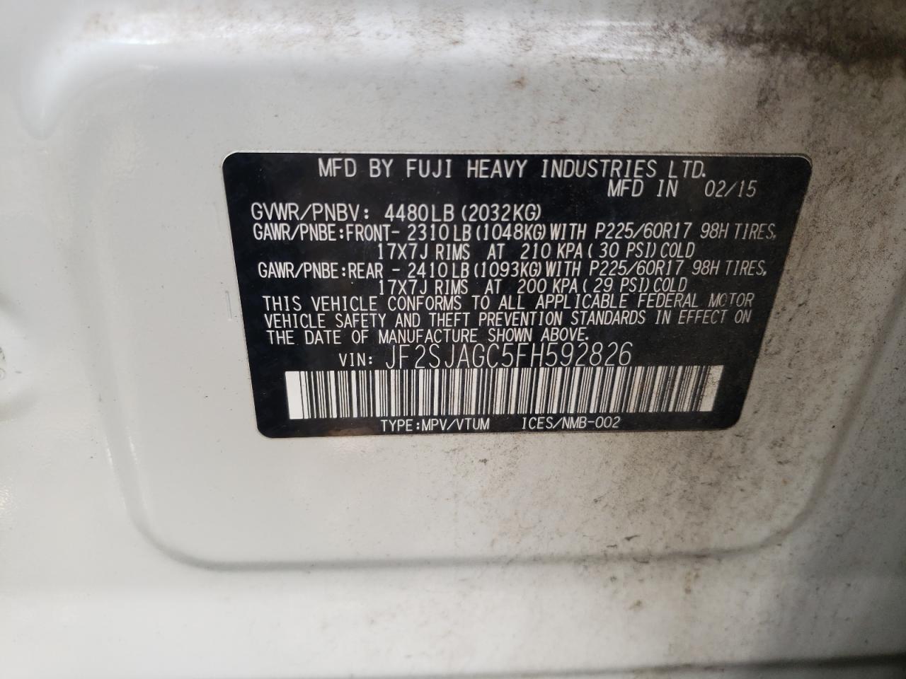 2015 Subaru Forester 2.5I Premium VIN: JF2SJAGC5FH592826 Lot: 64805774